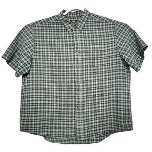 Route 66 Mens XL Linen Cotton Blend Shirt Green Plaid Short Sleeve Button Down